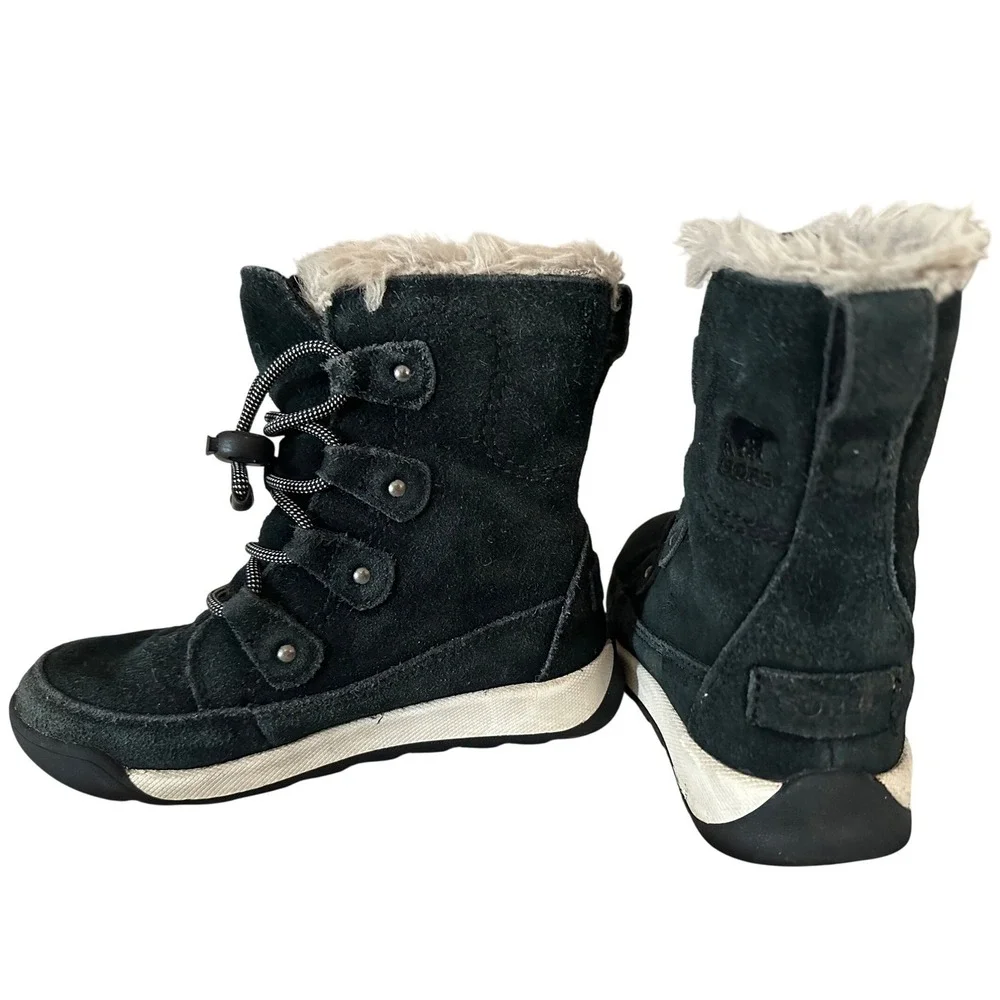 Sorel Youth‎ Whitney II Joan Lace Up Boots Sz 11 Black Suede Fur Lined